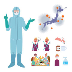 防護服　医療従事者　コロナウイルス　感染症　イラスト　セット