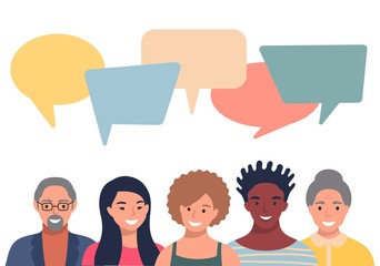 People avatars with speech bubbles. Men and woman communication, talking llustration. Coworkers, team, thinking, question, idea, brainstorm concept. - 333981683