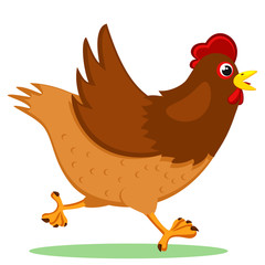 Brown chicken runs on a white. Character