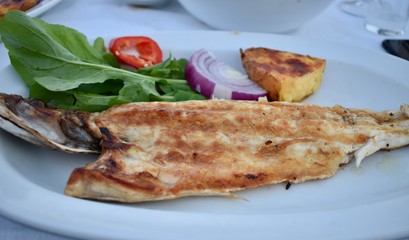 Mediterranean style grilled fish on a plate