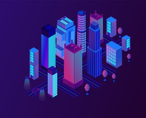 Futuristic neon city with high building. Night smart town with skyscrapers and roads. Modern architecture, streets with houses flat vector illustration.