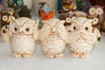 Owl Collection , different pieces with different shapes, materials and colors.
