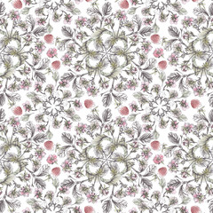 Watercolor seamless pattern with strawberry branches isolated on white background. Wedding design concept, invitation, postcard, textile decoration. Red, green and pink colours sketch with black line