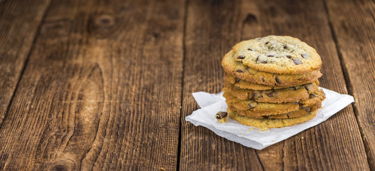 Chocolate Chip Cookies (fresh made) as detailed close-up shot; selective focus