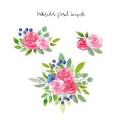 Watercolor set with pink roses, blue flowers and greenery bouquets isolated on white background. Hand drawn illustration.