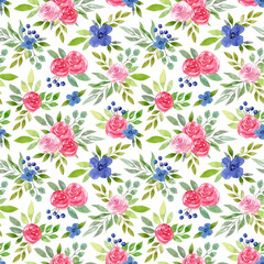 Floral watercolor seamless pattern with pink roses, blue flowers, berries isolated on white background. Greenery and flowers. Hand drawn illustration.