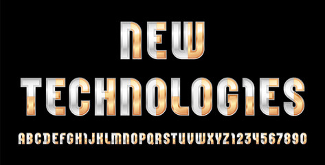 Metallic trendy font, bright modern alphabet, stylish letters and numbers made of silver and golden pieces, vector illustration 10EPS