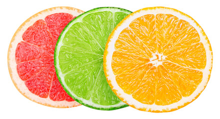 Isolated citrus slices. Fresh fruits cut in half (grapefruit, lime, orange) isolated on white background with clipping path