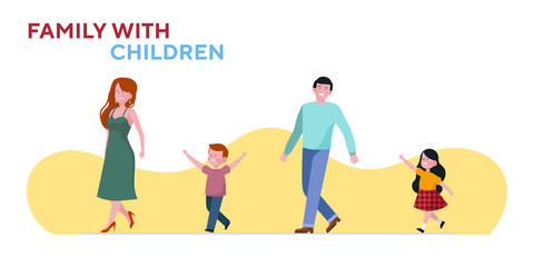 Fototapeta na wymiar Family with two children. Happy young couple walking and leading kids by hands flat vector illustration. Parenthood, family, love concept for banner, website design or landing web page