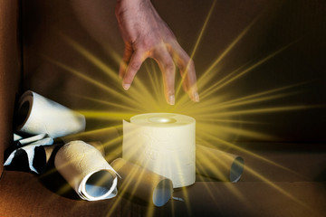 hand reaches for a shining toilet roll