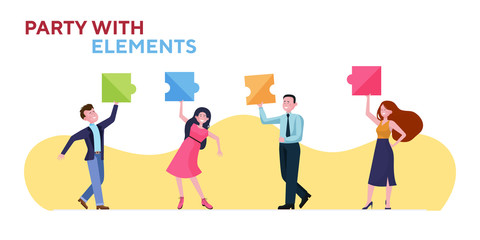 Happy business group enjoying office party. Team connecting puzzle pieces flat vector illustration. Teamwork, celebration, unity concept for banner, website design or landing web page