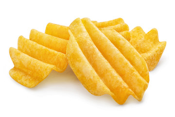 Naklejka na ściany i meble Close-up of delicious fluted potato chips, isolated on white background