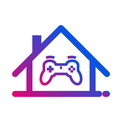 Stay home sticker for gamers. Home with gamepad vector icon. Concept for staying home for coronavirus quarantine, family gaming, stay safe.