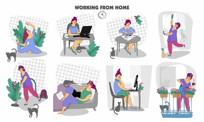 Work from home. Home office. Remote working. Plan your day. Freelance. Woman self employed concept remote working. Conceptual flat illustration.