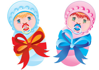 set of two well-swaddled babies, isolated object on a white background, vector illustration,