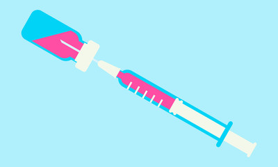 Medical glass bottle with vaccine and syringe on a blue background. Vector illustration