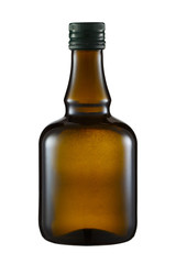 Curly brown glass bottle with screw cap. No label. Isolated on a white background.