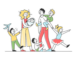 Tired young family with many children flat vector illustration. Father and mother exhausted under life routine. Kids playing up. Big family and lifestyle concept