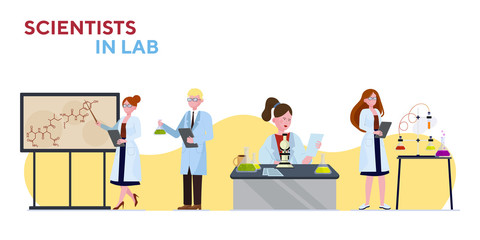 Scientists in lab set. Chemists presenting molecule structure, studying chemical reaction flat vector illustration. Science, laboratory, research concept for banner, website design or landing web page