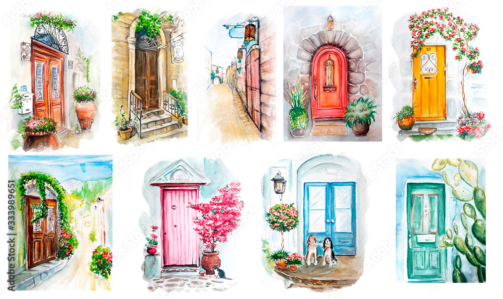 Wall mural  Watercolor painting of Vintage old door sketch art illustration