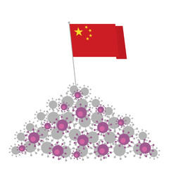 Coronavirus concept. Heap of viruses and China flag at the top. Victory over the disease. Vector clip art isolated on white background.