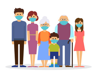 big family wearing with medical mask to prevent virus, vector illustration