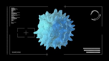 Virus exploration. Model rotating on black background and modern interface around it. Computer generated spherical object. 3d rendering. With alpha channel.