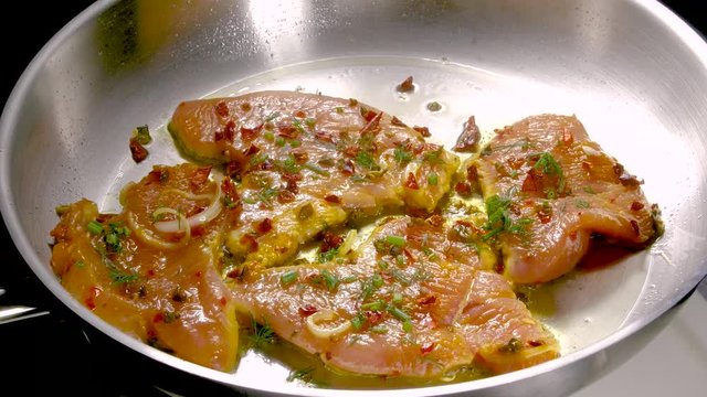 Pan- fried delicious steaks close-up.