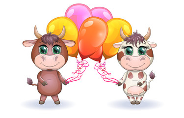 Cute cartoon couple cow and bull with balloons, holiday, with beautiful big eyes. Symbol of the year 2021 according to the Chinese calendar.