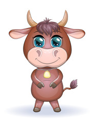 Cute cartoon bull with a bell on his neck with beautiful blue eyes with a bouquet of flowers. Children's illustration