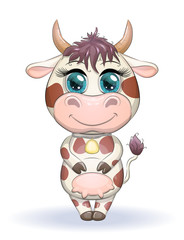 Cute cartoon cow with a bell on his neck with beautiful blue eyes. Children's illustration