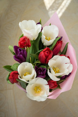 Spring floral arrangement. Bouquet of white, red and purple tulips