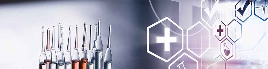 Test tubes with drugs and tests to test the victims and treat the infected. Ampoules with medicines. Set of test tubes with medicine.