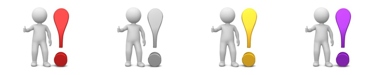 exclamation point exclamation mark red gold silver purple warning safety sign symbol thumb up stick man watching guard 3d rendering
