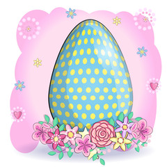 Happy Easter. Card template with eggs, grass and flowers. Flower paints