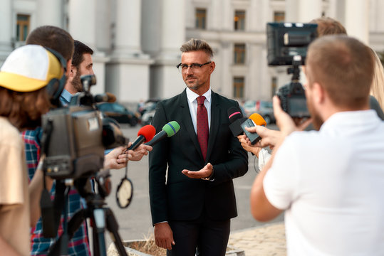 What about you. Journalists conducting interview of politician. Journalism industry, live streaming concept.
