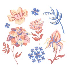 Set of motif flowers isolated on the white background. Stylized Lilly, Cornflowers, Peony. Vector illustration for greeting, wedding, floral design. Ornate. Indigo, Yellow, Orange, blue color