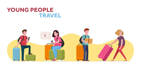 Young people travel with luggage set. Passengers, tourists with suitcases, baggage flat vector illustration. Airport, tourism, vacation concept for banner, website design or landing web page