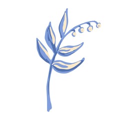 Branch with bud and leaves isolated.Lily of the Valley. Stylized floral in indigo colors. vector element design for greeting, wedding, textile pattern design. Folk art. Motif