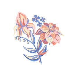 Colorful Stylized motif flower isolated on the white background. Bouquet. Vector illustration for greeting, wedding, floral design. Ornate. Orange, Yellow, Peach, Indigo, blue color