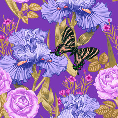 Nahtloses Vektormuster mit Blumen und Schmetterlingen. © marinavorona