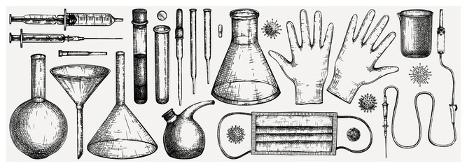 Medicine equipment and protectors against corona virus or other infection. Hand drawn pipette, flask, beaker, glass, tubes, funnel, pipettes, gloves, face masks drawings. Laboratory equipment sketches