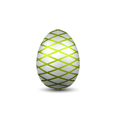 Easter egg 3D icon. Green silver egg, isolated white background. Bright realistic design, decoration for Happy Easter celebration. Holiday element. Shiny pattern. Spring symbol. Vector illustration