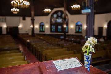 Interior of Chinese Church Chapel From Pulpit With Flower