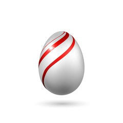 Easter egg 3D icon. Red silver egg, isolated white background. Bright realistic design, decoration for Happy Easter celebration. Holiday element. Shiny pattern. Spring symbol. Vector illustration