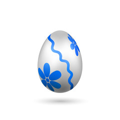 Easter egg 3D icon. Blue silver egg, isolated white background. Bright realistic design, decoration for Happy Easter celebration. Holiday element. Shiny pattern. Spring symbol. Vector illustration