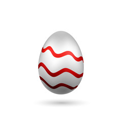 Easter egg 3D icon. Red silver egg, isolated white background. Bright realistic design, decoration for Happy Easter celebration. Holiday element. Shiny pattern. Spring symbol. Vector illustration
