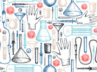 Coronavirus COVID-19 seamless pattern. Medicine equipment and protectors against corona virus or other infection. Hand drawn laboratory equipment sketches background.