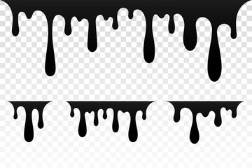 Drip paint set. Ink stain. Drop melt liquid isolated on white transparent background. Splash chocolate, oil, blood. Black splatter syrup, candy sauce, caramel. Color easy to edit. Vector illustration