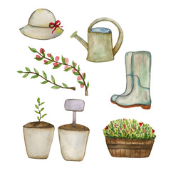 Watercolor illustration of a set of garden objects, hat, watering can, rubber boots, flowering branch, pot with a plant, plant seeds. Hand-drawn with watercolors and suitable for all types of design a